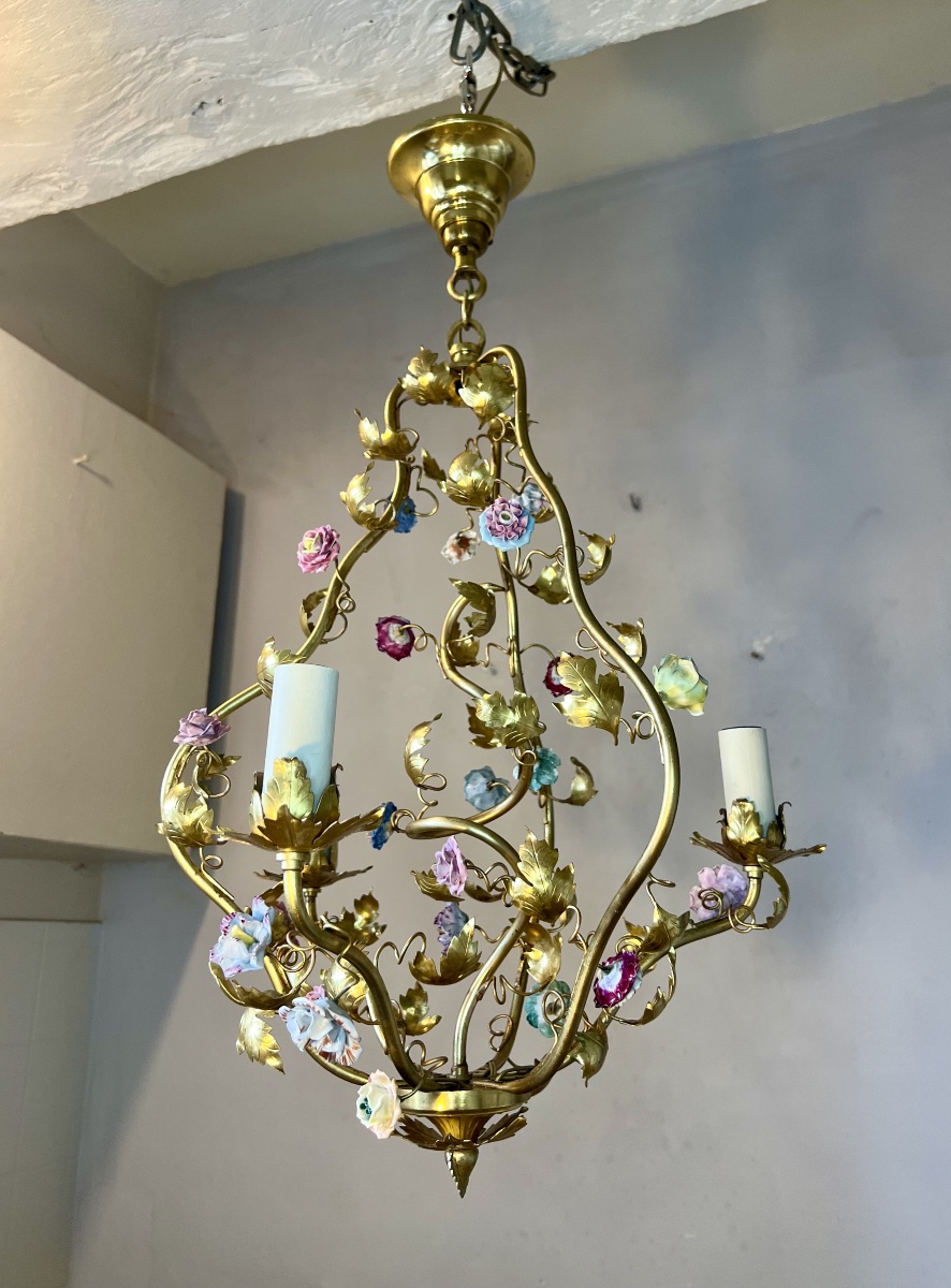 3-light Art Nouveau Chandelier With Porcelain Flowers -photo-1