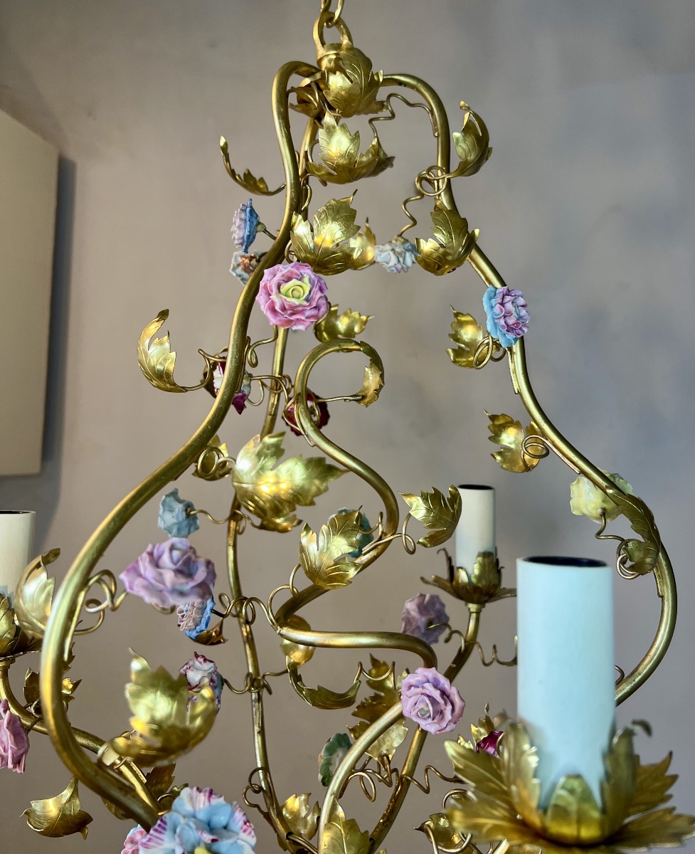 3-light Art Nouveau Chandelier With Porcelain Flowers -photo-2