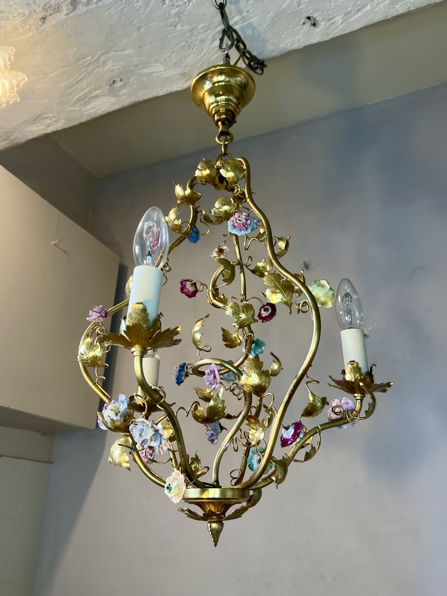3-light Art Nouveau Chandelier With Porcelain Flowers -photo-3