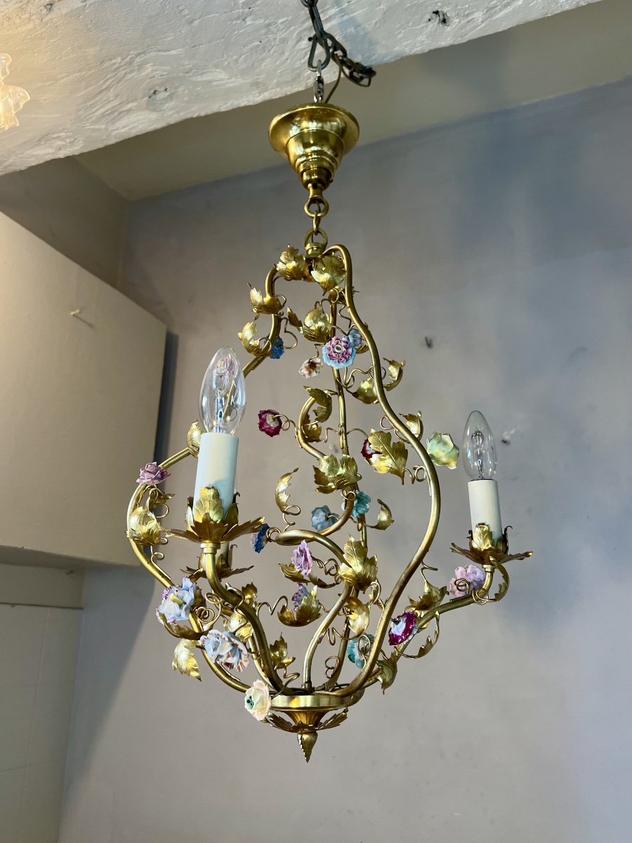 3-light Art Nouveau Chandelier With Porcelain Flowers -photo-4