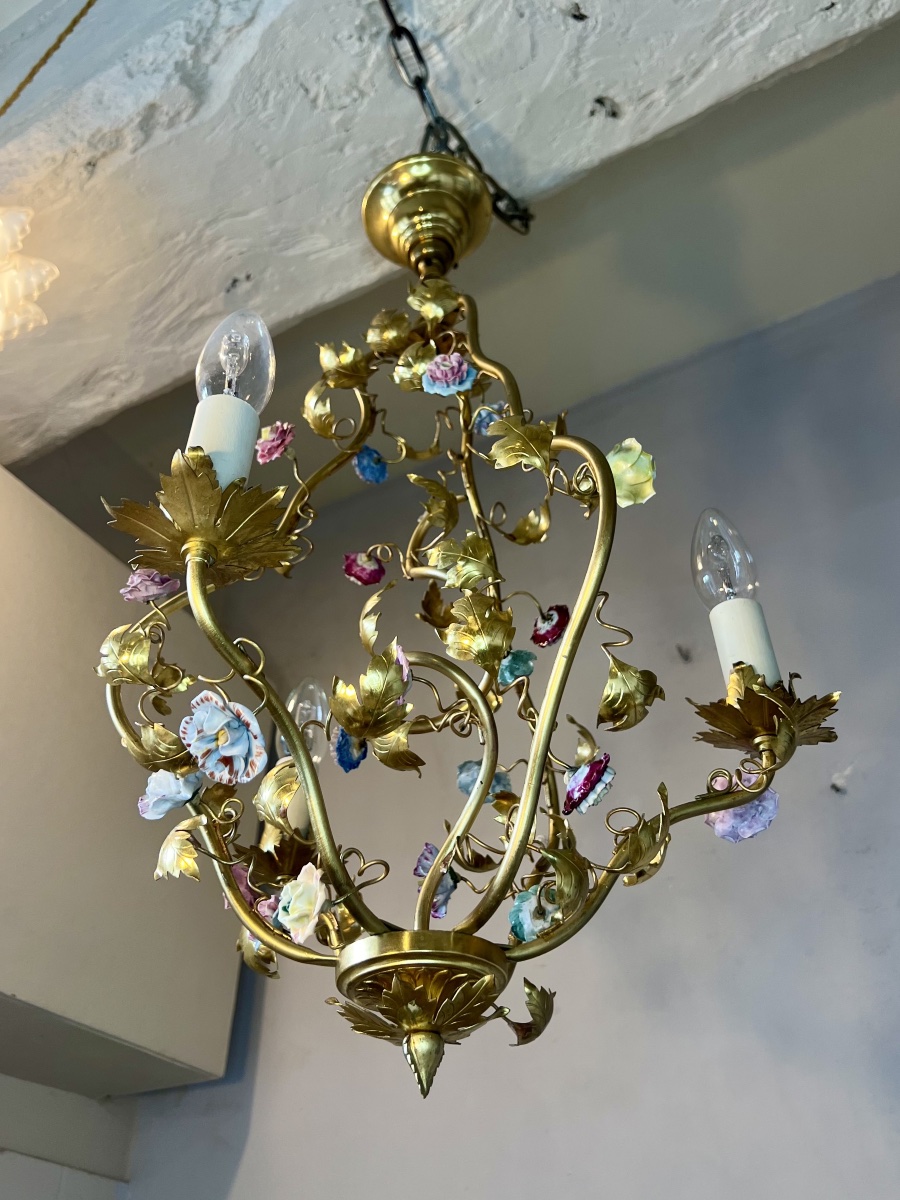 3-light Art Nouveau Chandelier With Porcelain Flowers -photo-6