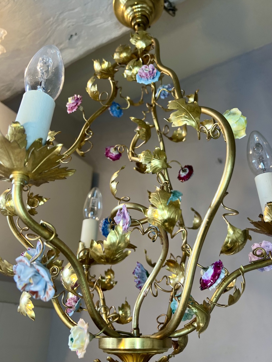 3-light Art Nouveau Chandelier With Porcelain Flowers -photo-7