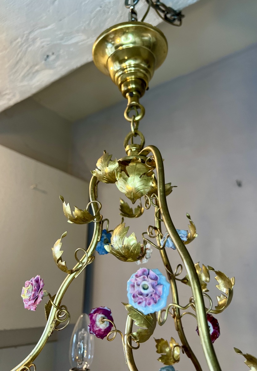 3-light Art Nouveau Chandelier With Porcelain Flowers -photo-8