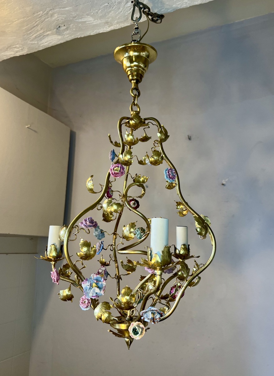 3-light Art Nouveau Chandelier With Porcelain Flowers 
