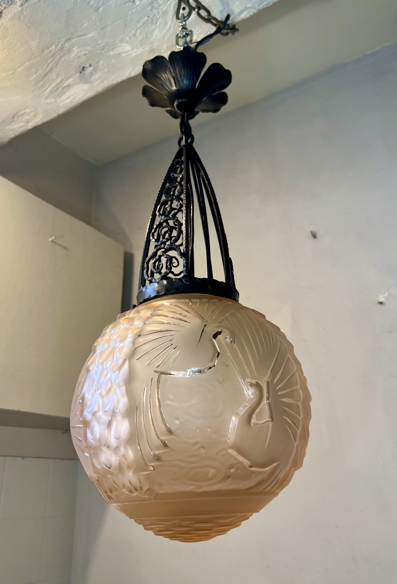 Lustre suspension boule art déco Muller -photo-4