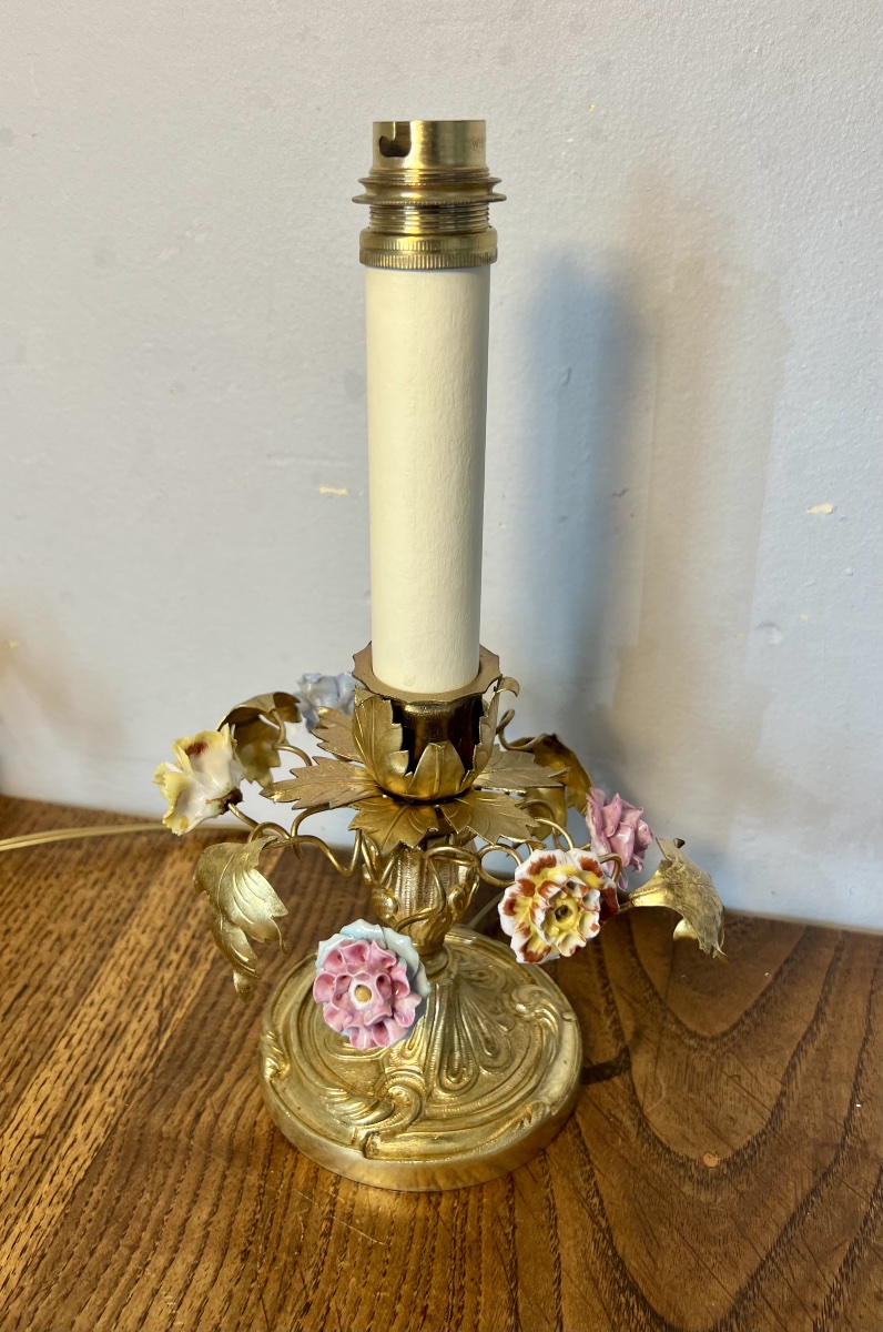 Paire de lampes bougeoirs à fleurs en porcelaine art nouveau -photo-2