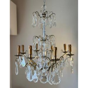 Large 8 Light Chandelier In Gilt Bronze And Crystal