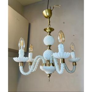 Murano Chandelier, White Opaline Glass 