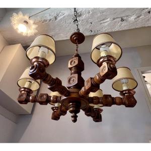 1950s Brittany-style Wooden Chandelier, Restored By Dudouyt