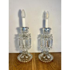 Paire de lampes bougeoirs en cristal