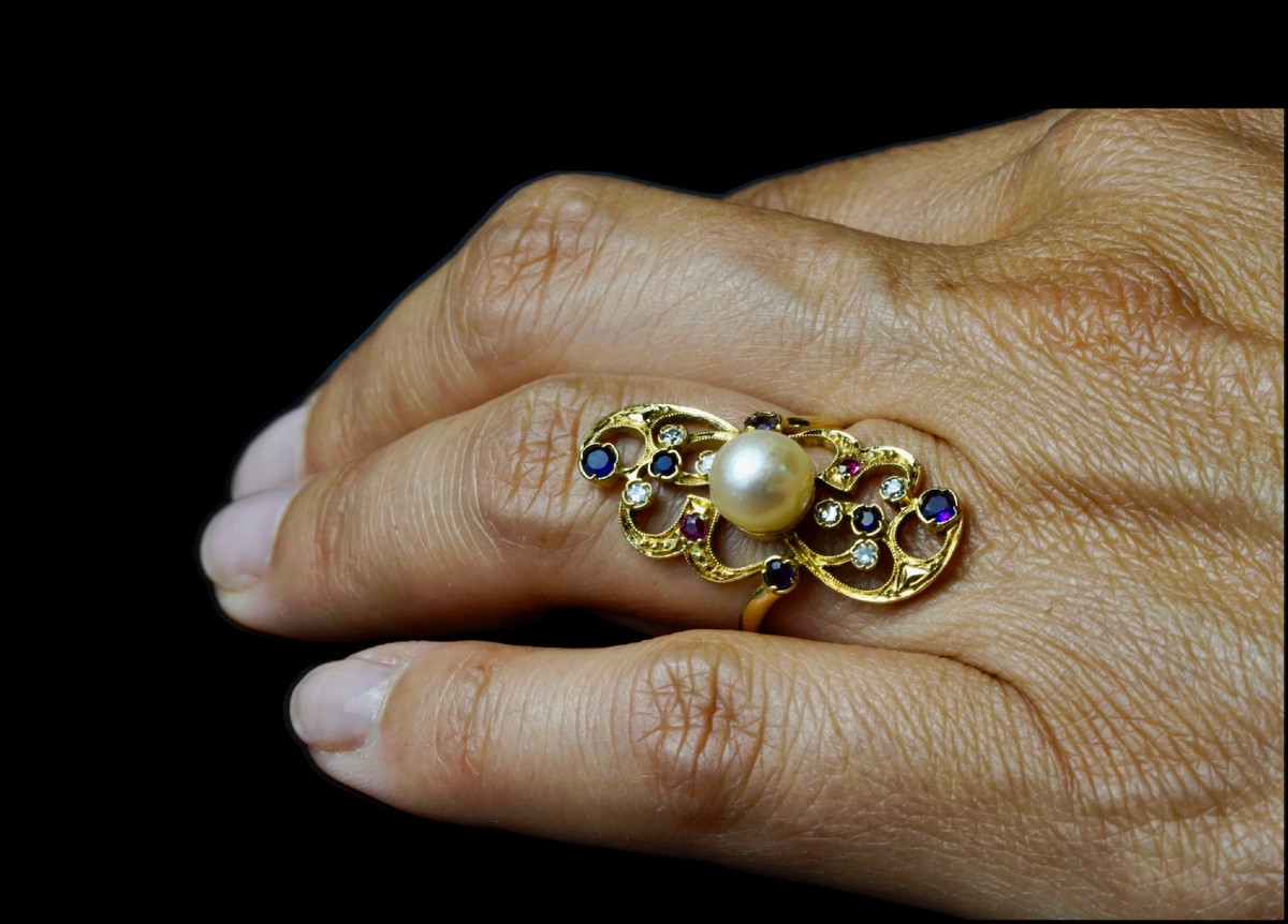 Gold Ring With Pearl, Diamonds And Fine Stones-photo-2