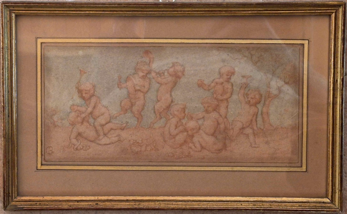 Red Chalk Drawing: Bacchanal Of Putti (angels - Cherubs - Erotes)