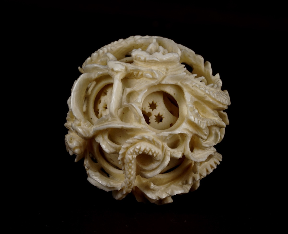 Boule de canton à décor de deux dragons entrelacés avec 5 boules gigognes-photo-2