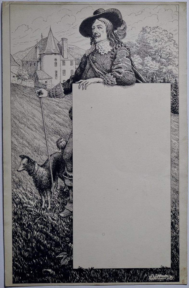 Dessin original à l'encre signé A. Camuset : gentilhomme du 17e siècle avec son chien