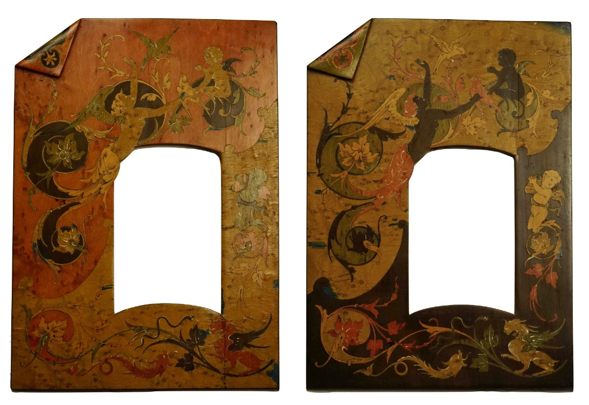 2 cadres en bois, marqueterie et placage de loupe