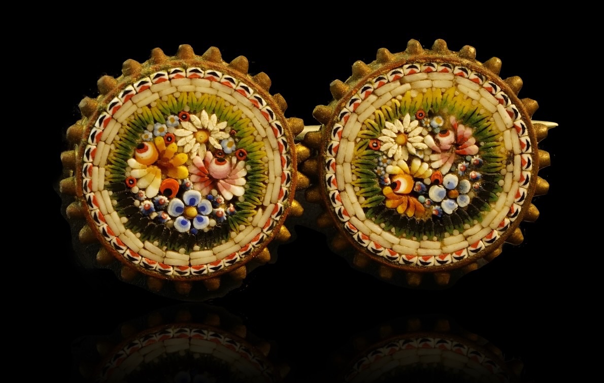 Brooch With Two Buttons Decorated With Flowers Made Of Micro-mosaic 