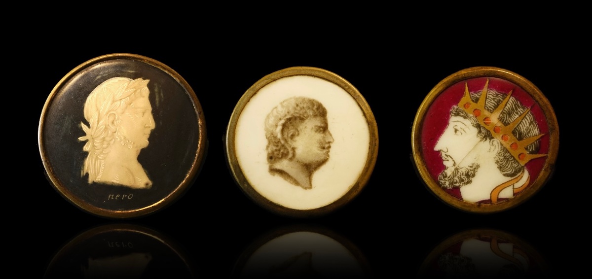 Set Of 3 Liverpool Buttons With 19th-century Porcelain Transfers: Ancient Emperors—nero