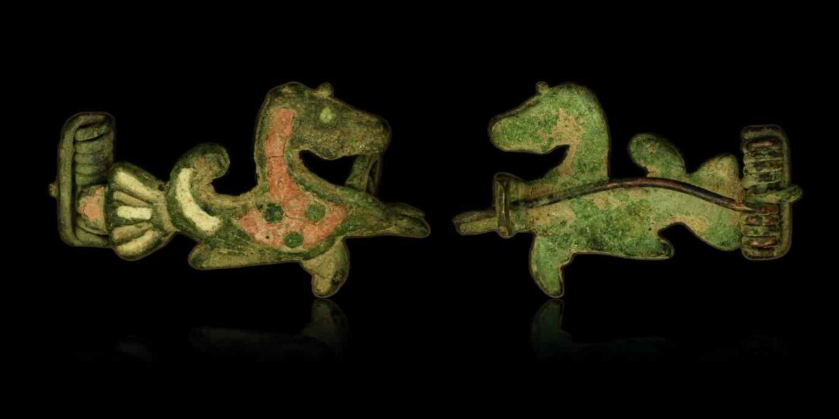 Roman Fibula Made Of Enameled Bronze In The Shape Of A Seahorse. 