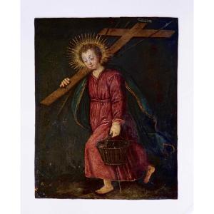 Peinture Sur Cuivre : L'Enfant Jésus portant les instruments de la Passion.
