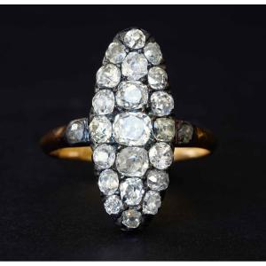 Marquise-shaped Ring In 18k Gold And Silver Paved With Old-cut Diamonds.