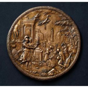 Médaillon en cuivre 19e : Minerve présentant l’allégorie de la Peinture aux Arts libéraux.