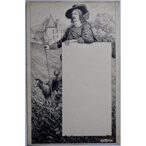 Dessin original à l'encre signé A. Camuset : gentilhomme du 17e siècle avec son chien
