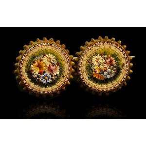 Brooch With Two Buttons Decorated With Flowers Made Of Micro-mosaic