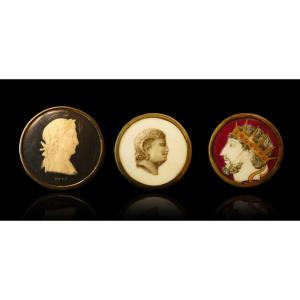 Set Of 3 Liverpool Buttons With 19th-century Porcelain Transfers: Ancient Emperors—nero