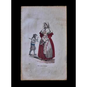 BRETAGNE - Gravure 19e coloriée : bretonne en costume traditionnel - signée Emmanuel Duverger