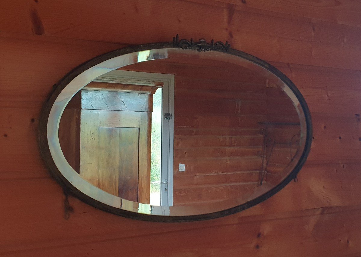 Beveled Oval Mirror With Bronze Frame - 19th Century