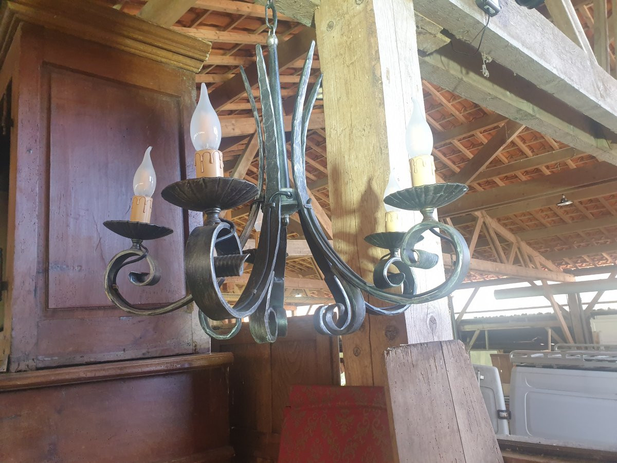 Wrought Iron Chandelier 5 Lamps - 20th Century-photo-2