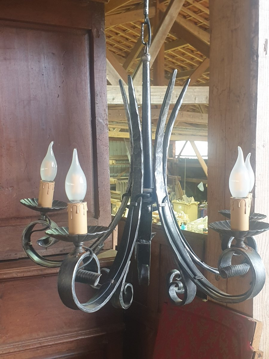 Wrought Iron Chandelier 5 Lamps - 20th Century-photo-3