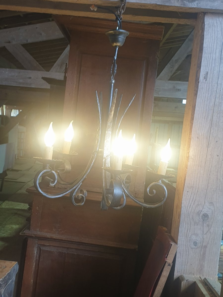 Wrought Iron Chandelier 5 Lamps - 20th Century-photo-2