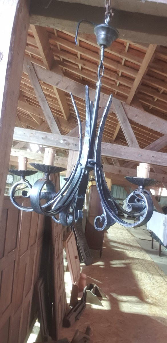 Wrought Iron Chandelier 5 Lamps - 20th Century-photo-4