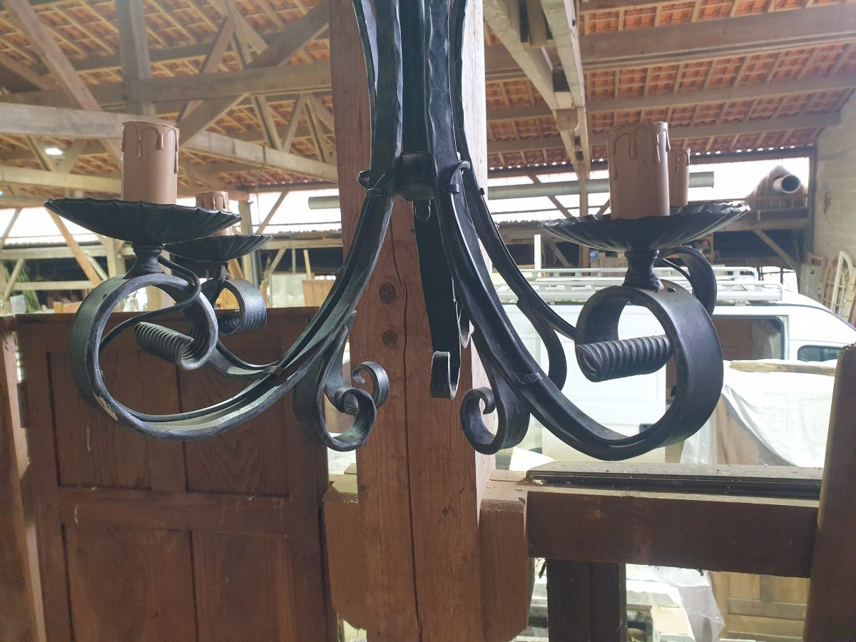 Wrought Iron Chandelier 5 Lamps - 20th Century-photo-5