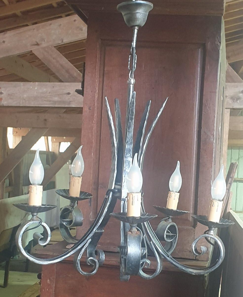 Wrought Iron Chandelier 5 Lamps - 20th Century