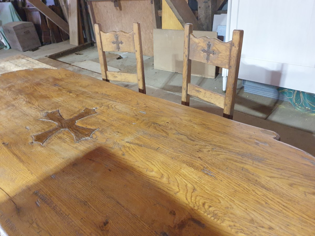 Monastery Table With Occitan Cross + 4 Chairs - 20th Century-photo-7