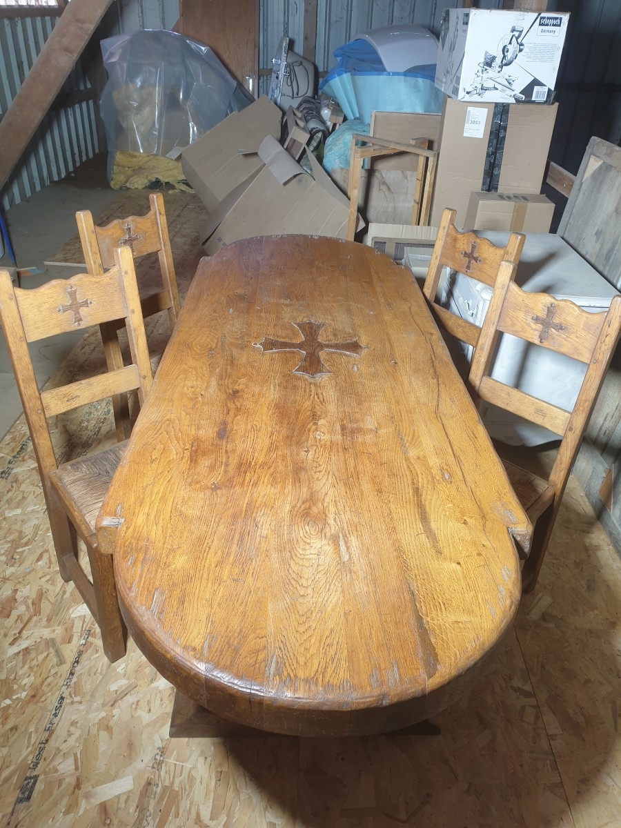 Monastery Table With Occitan Cross + 4 Chairs - 20th Century