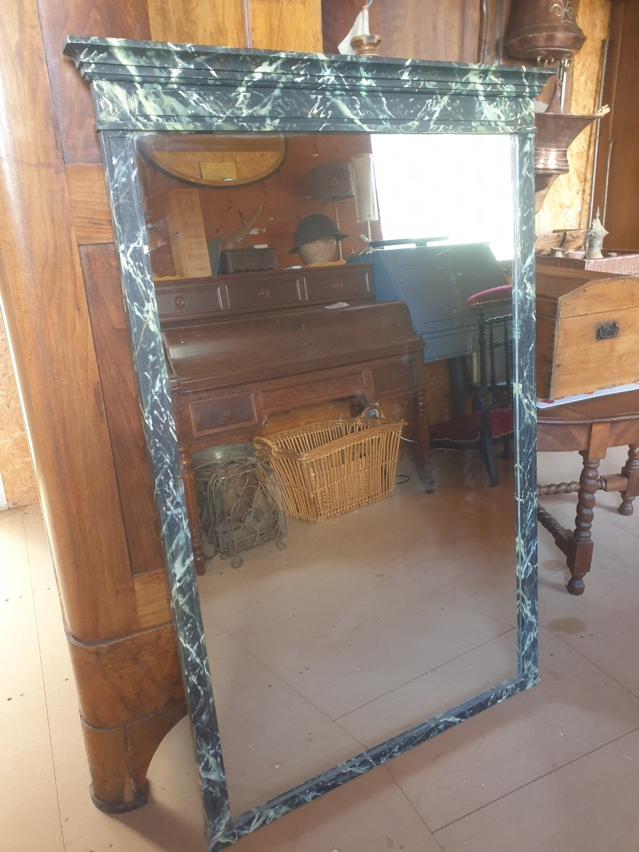 Large Mirror - Overmantel With Imitation Marble Wooden Frame - 20th Century