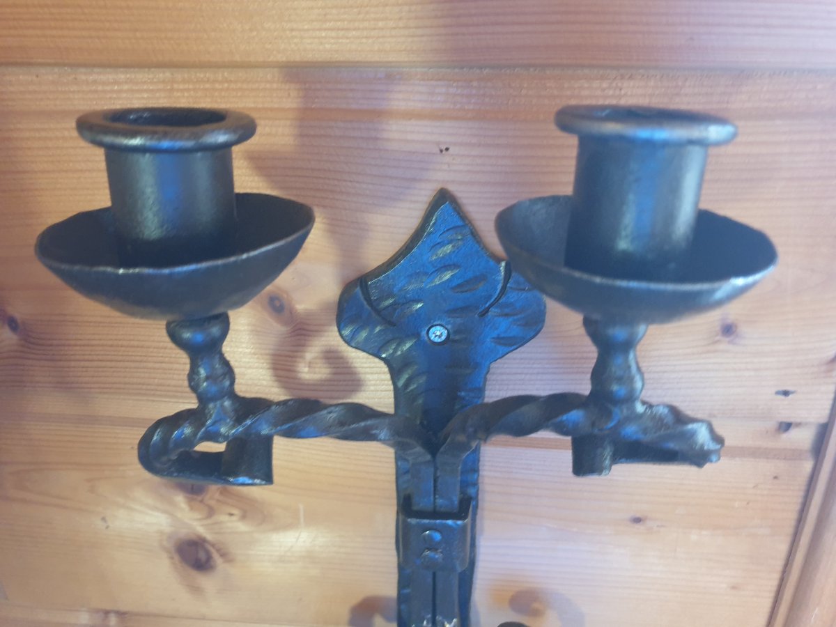 Wall Sconce With 2 Candle Holders - Wrought Iron - 20th Century-photo-4