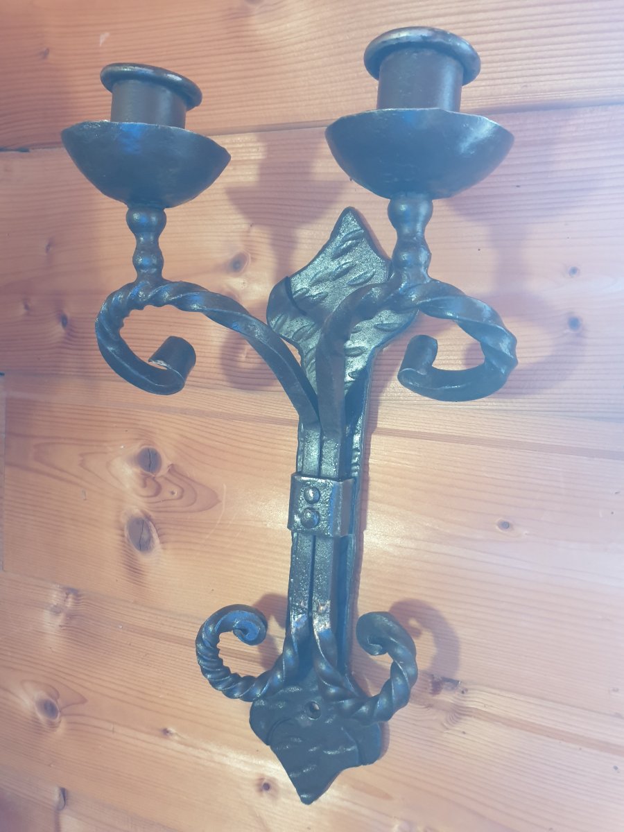 Wall Sconce With 2 Candle Holders - Wrought Iron - 20th Century-photo-2