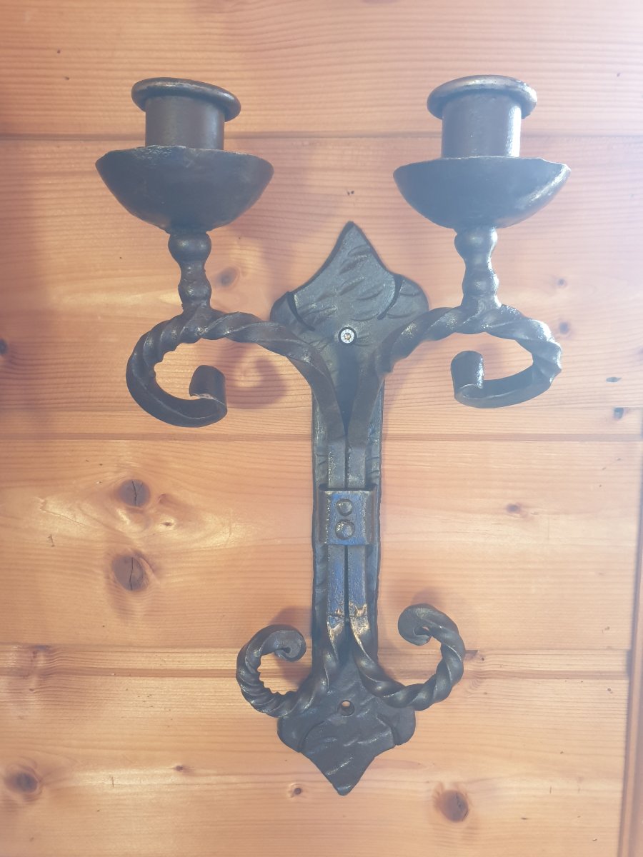 Wall Sconce With 2 Candle Holders - Wrought Iron - 20th Century