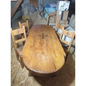 Monastery Table With Occitan Cross + 4 Chairs - 20th Century