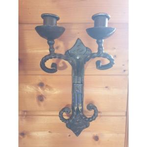Wall Sconce With 2 Candle Holders - Wrought Iron - 20th Century