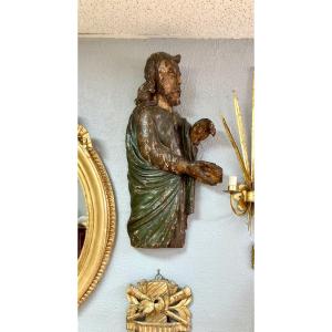 Statue En Bois Polychrome D'un Saint Personnage