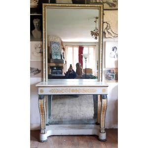 Console Set And Its Mirror In Lacquered And Gilded Wood 