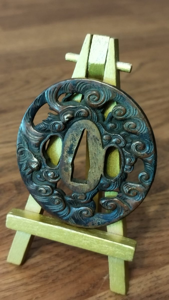 Solid Copper Sukashi-style Wakizashi Tsuba – "water Dragon" Motif – Mumei – Late Edo Period-photo-2