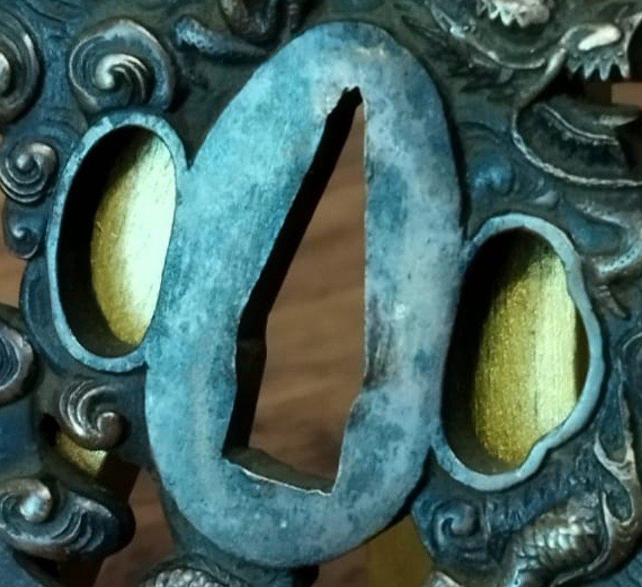 Solid Copper Sukashi-style Wakizashi Tsuba – "water Dragon" Motif – Mumei – Late Edo Period-photo-3