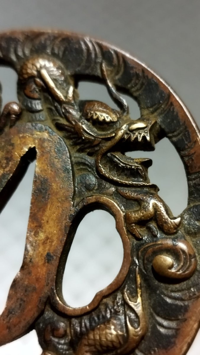 Solid Copper Sukashi-style Wakizashi Tsuba – "water Dragon" Motif – Mumei – Late Edo Period-photo-1
