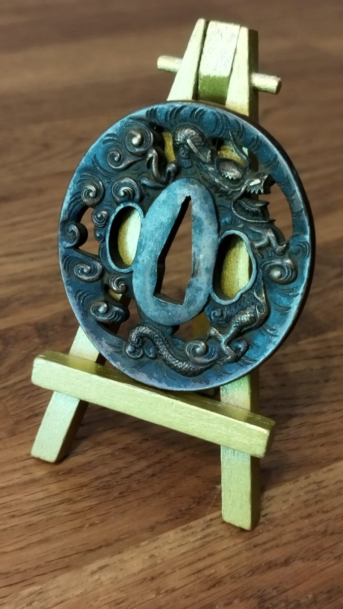 Solid Copper Sukashi-style Wakizashi Tsuba – "water Dragon" Motif – Mumei – Late Edo Period